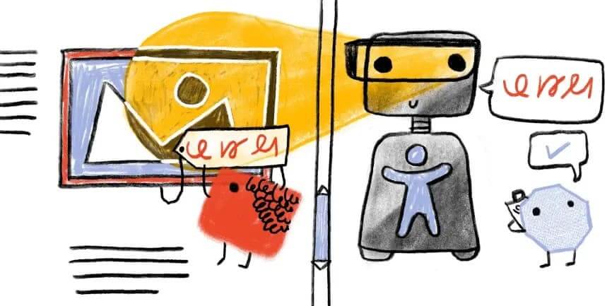 青い人型のアクセシビリティアイコンを前面に付けたロボットがWebページをスキャンしており、Web Almanacのキャラクターたちがラベルをチェックしているヒーロー画像。