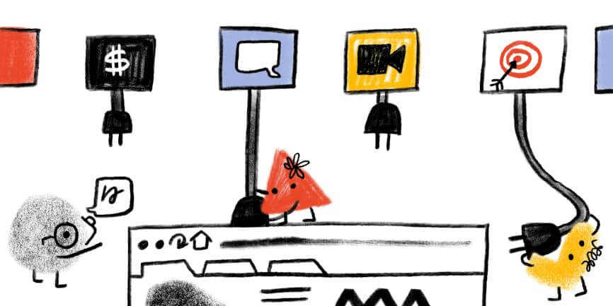 Web Almanacのキャラクターがウェブページに様々なものを接続しているヒーロー画像。